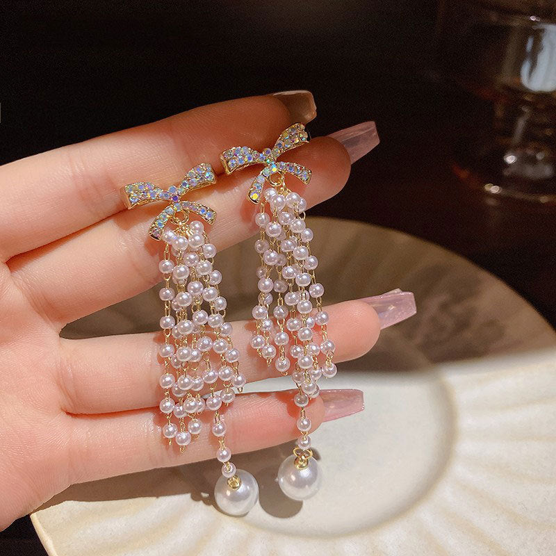 Wholesale Temperament Long Pearl Tassel Women's Fashion Versatile Light Luxury Niche Design Bow Stud Earrings